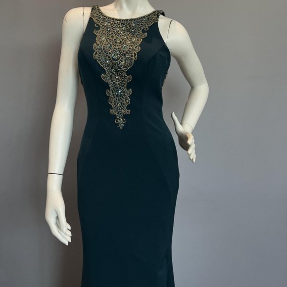 Size 6 navy/gold  highneck open back formal gown - Picture 1 of 2
